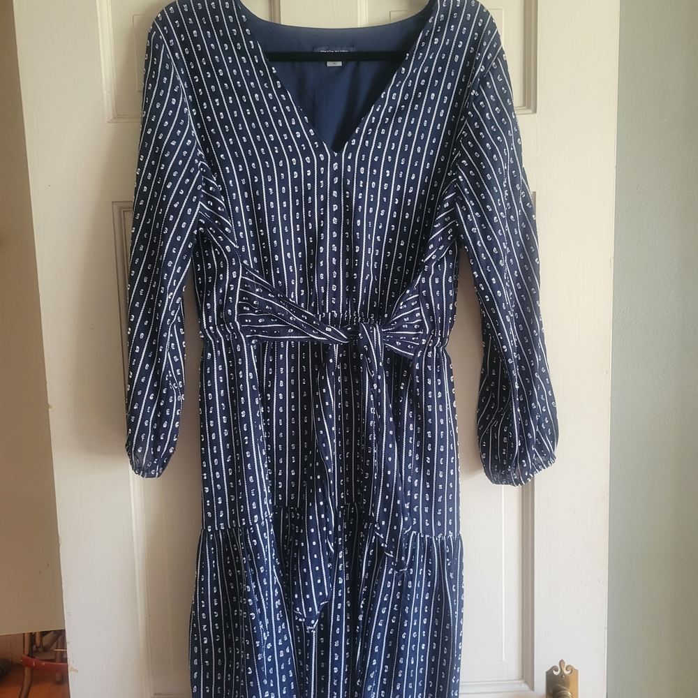 Tommy Hilfiger Blue and White Pleated Tie Front Dress